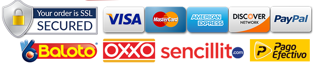 Medios de pago aceptados: Visa, Mastercard, American Express, Discover, PayPal, Baloto, OXXO, Sencillito y Pago Efectivo